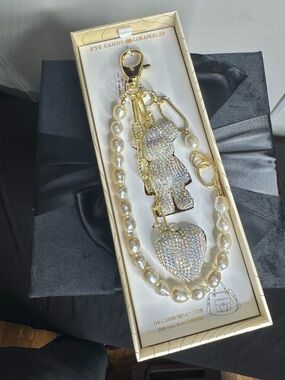 Rhinestone Teddy Bear Keychain Pearl Charm Bag Accessory Glam Bling Gift Cute